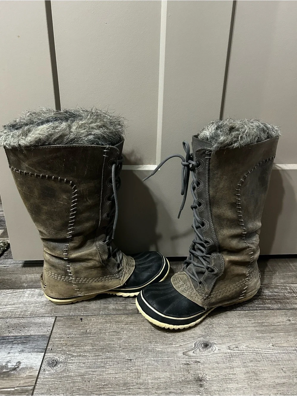 Sorel Cate The Great Tall waterproof winter snow boots faux fur lace up grey